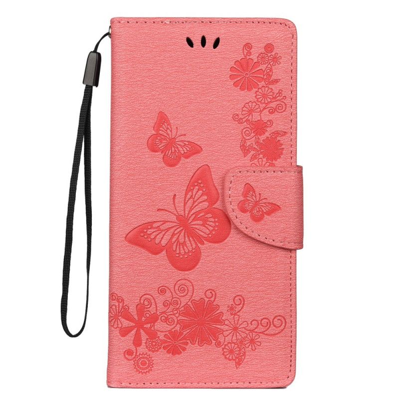 Flip Cover Læder Samsung Galaxy Note 10 Plus Sort Sommerfugle Og Tanga Blomster