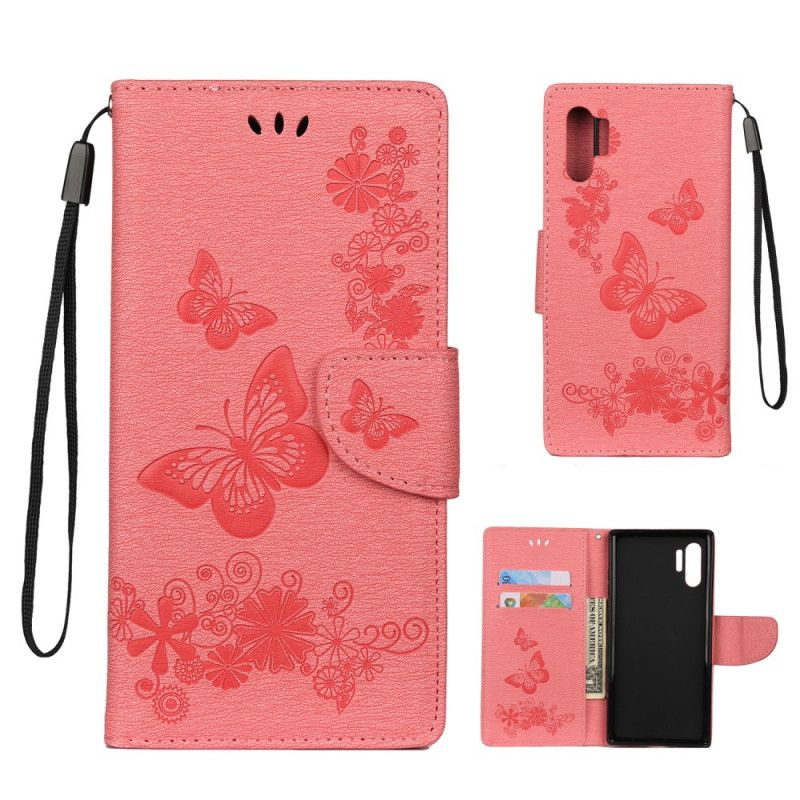 Flip Cover Læder Samsung Galaxy Note 10 Plus Sort Sommerfugle Og Tanga Blomster