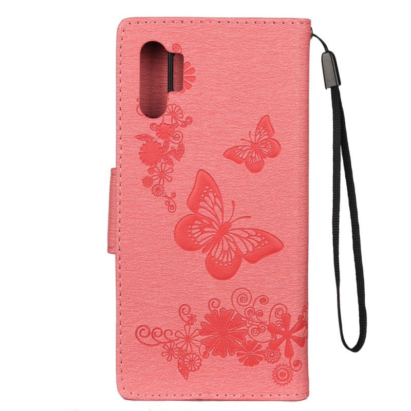 Flip Cover Læder Samsung Galaxy Note 10 Plus Sort Sommerfugle Og Tanga Blomster