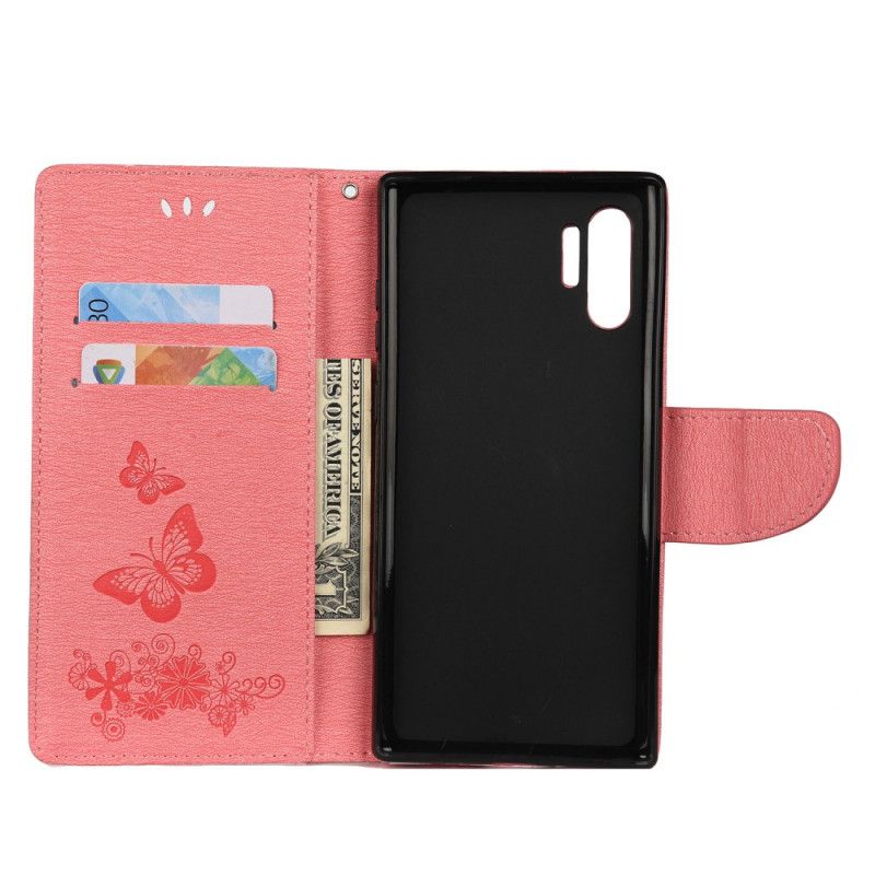 Flip Cover Læder Samsung Galaxy Note 10 Plus Sort Sommerfugle Og Tanga Blomster