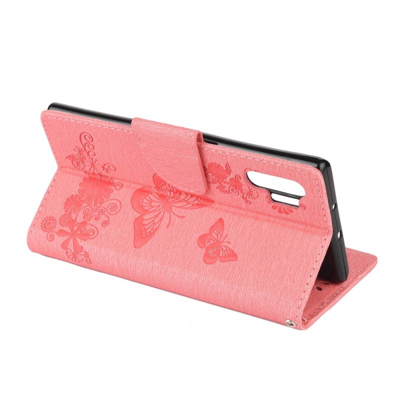 Flip Cover Læder Samsung Galaxy Note 10 Plus Sort Sommerfugle Og Tanga Blomster