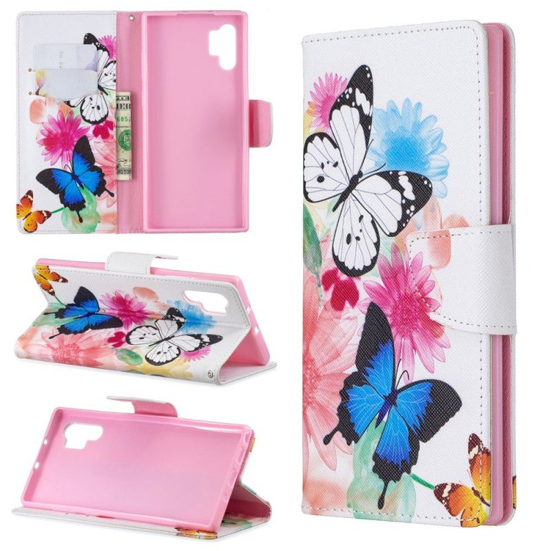 Flip Cover Samsung Galaxy Note 10 Plus Lyseblå Mobilcover Malede Sommerfugle Og Blomster