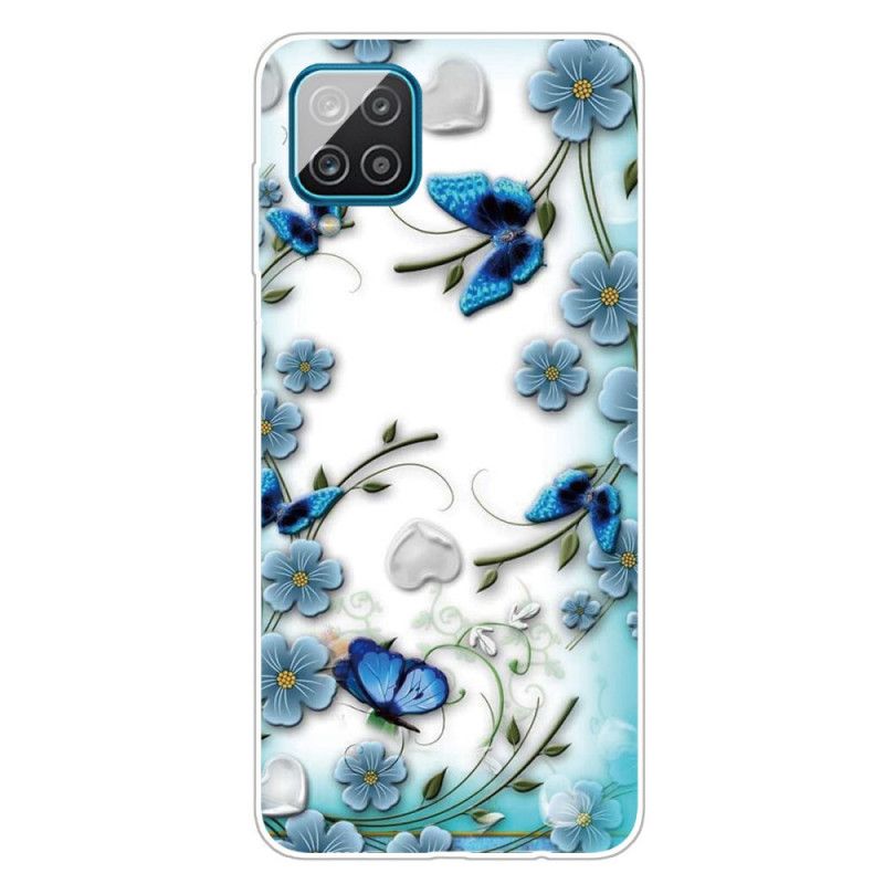 Cover for Samsung Galaxy A12 Gennemsigtige Retro Sommerfugle Og Blomster