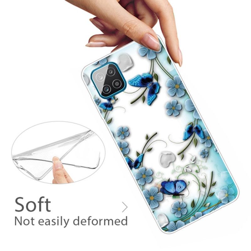 Cover for Samsung Galaxy A12 Gennemsigtige Retro Sommerfugle Og Blomster