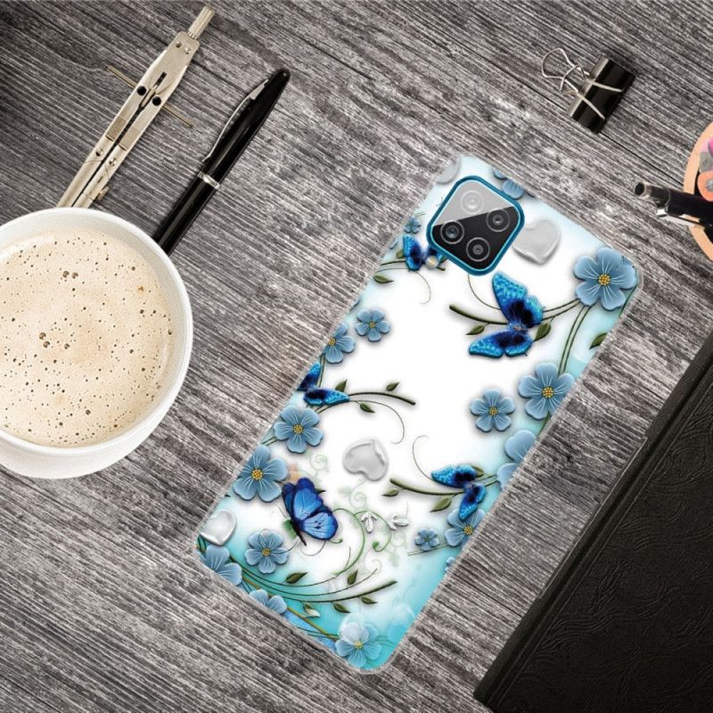 Cover for Samsung Galaxy A12 Gennemsigtige Retro Sommerfugle Og Blomster