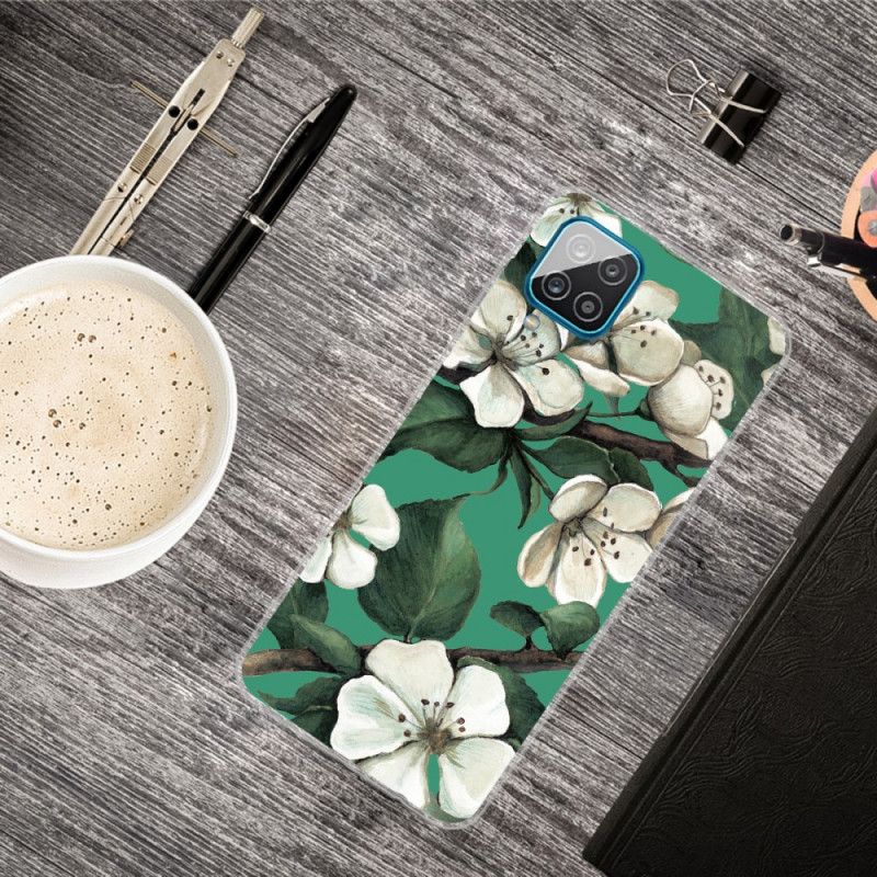 Cover Samsung Galaxy A12 Malede Hvide Blomster