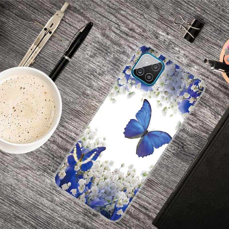 Cover Samsung Galaxy A12 Mørkeblå Design Sommerfugle