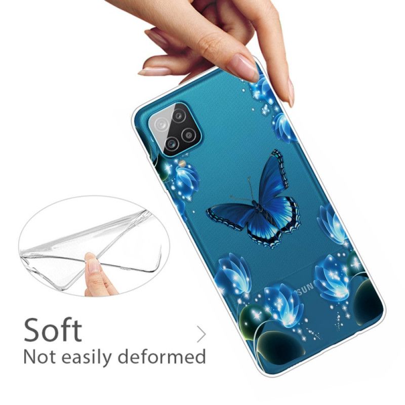 Cover Samsung Galaxy A12 Mørkeblå Luksus Sommerfugl