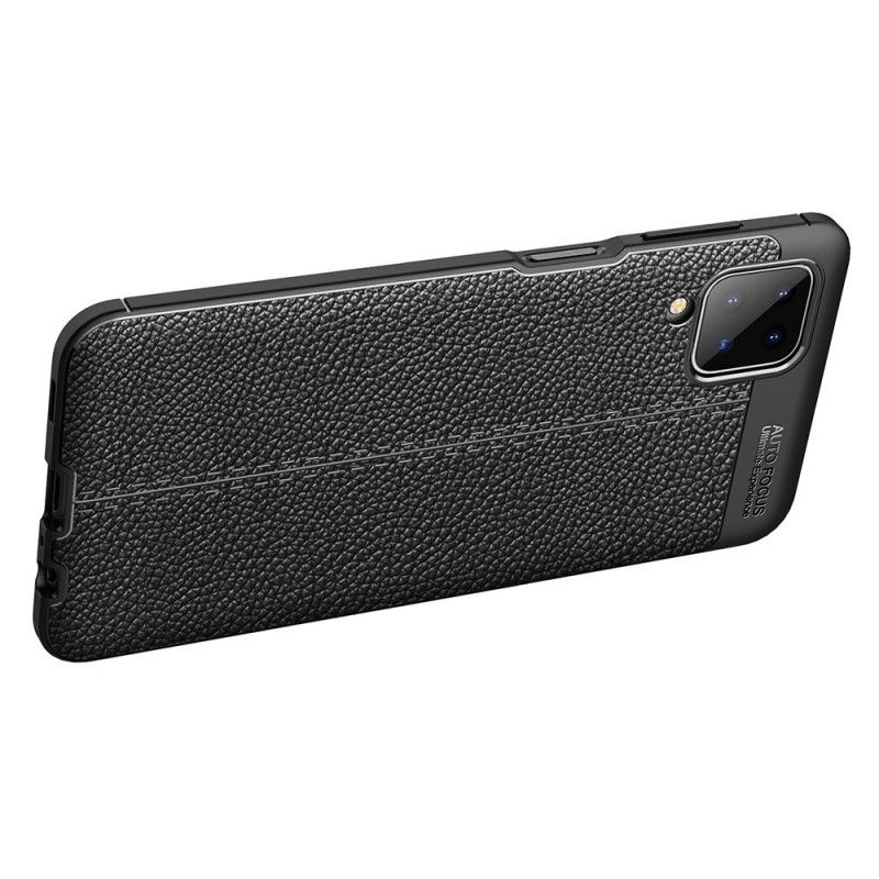 Cover Samsung Galaxy A12 Sort Dobbeltlinjeret Lychee-Lædereffekt