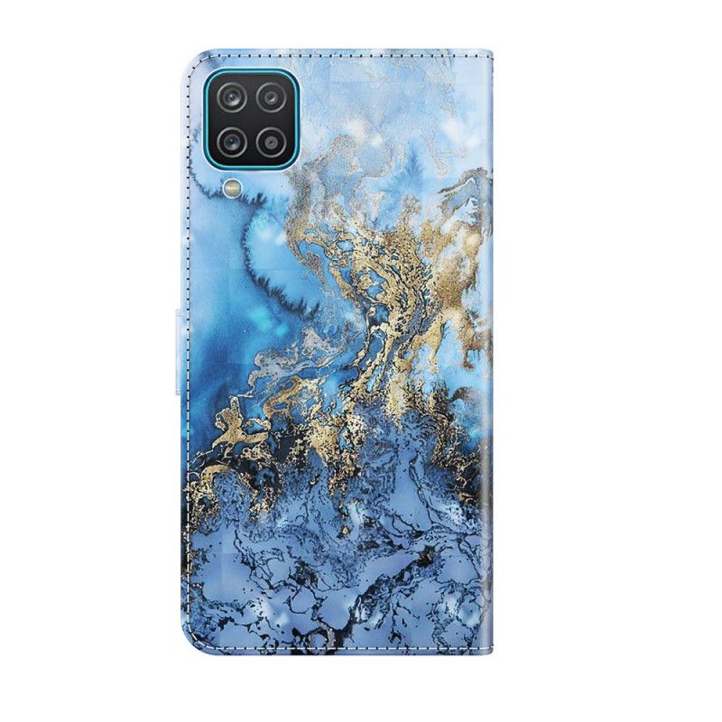 Flip Cover Læder for Samsung Galaxy A12 Designer Marmor Lysplet Med Rem