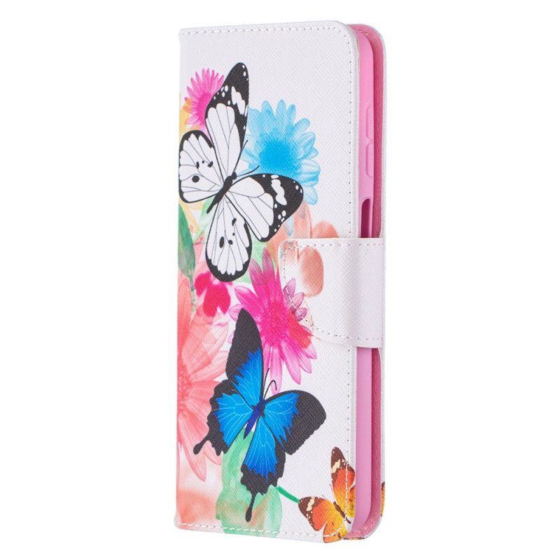 Flip Cover Læder Samsung Galaxy A12 Magenta Malede Sommerfugle Og Blomster