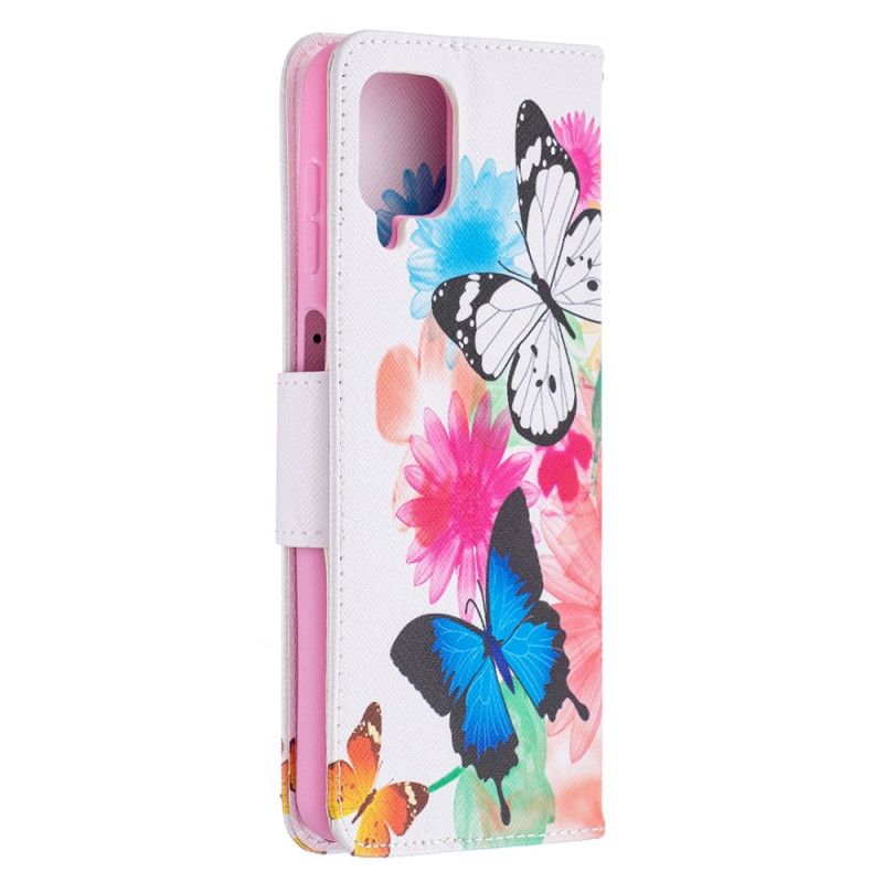 Flip Cover Læder Samsung Galaxy A12 Magenta Malede Sommerfugle Og Blomster