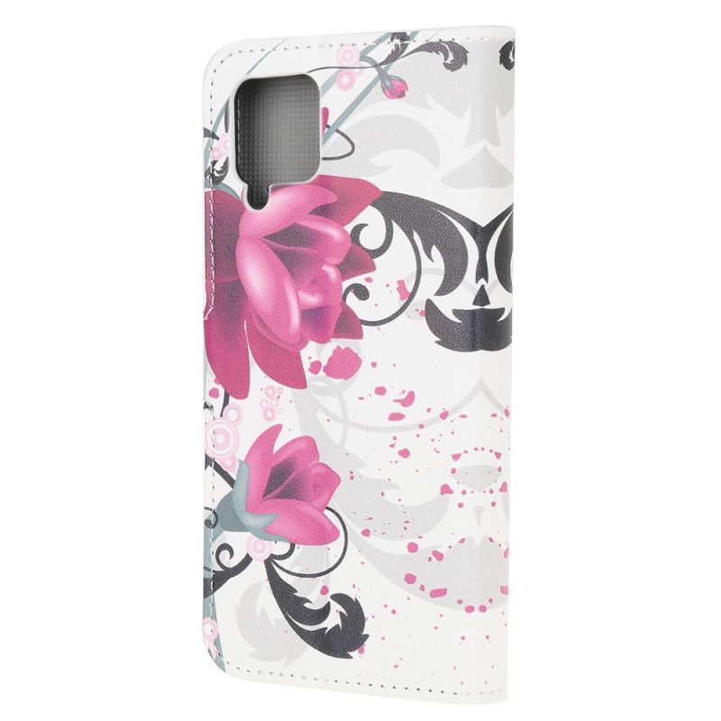 Flip Cover Læder Samsung Galaxy A12 Magenta Tropiske Blomster