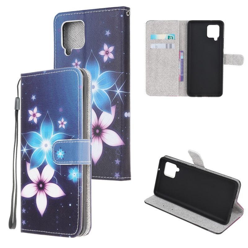 Flip Cover Læder Samsung Galaxy A12 Måneblomster Med Rem Original