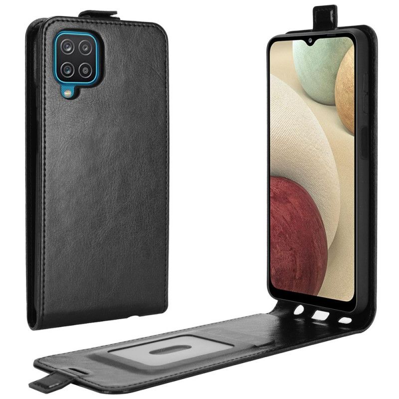 Flip Cover Læder Samsung Galaxy A12 Sort Lodret Lædereffektklap Original