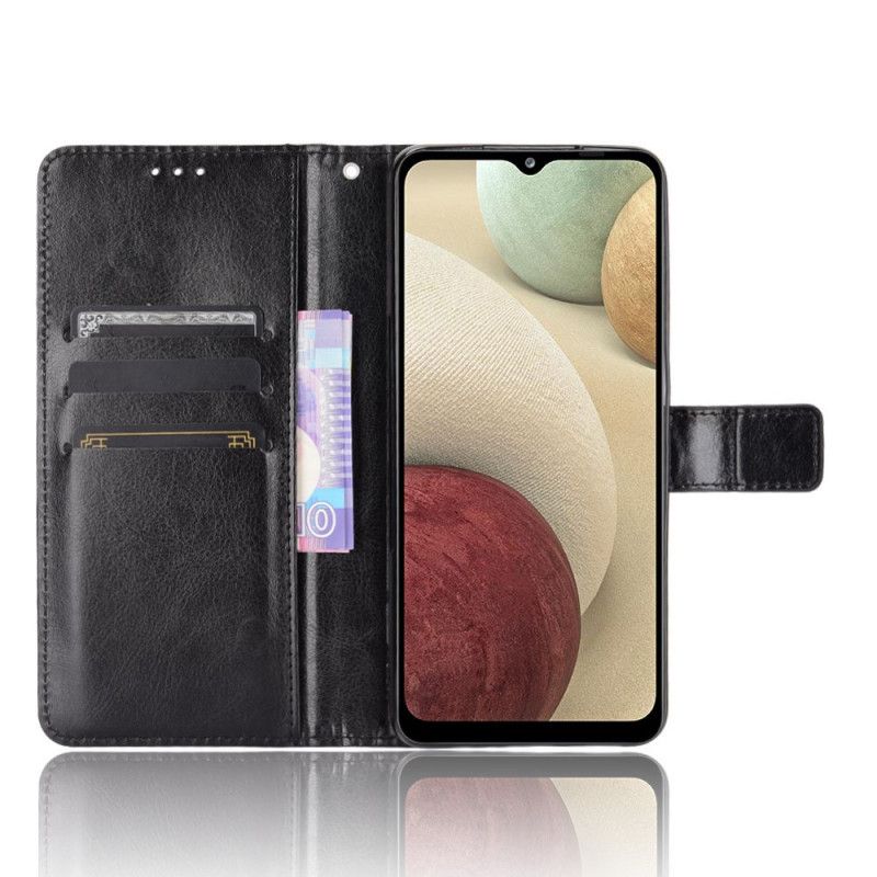 Flip Cover Læder Samsung Galaxy A12 Sort Prangende Kunstlæder Original