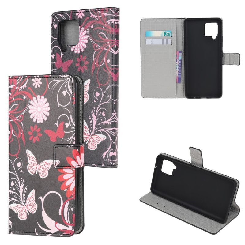 Flip Cover Læder Samsung Galaxy A12 Sort Sommerfugle Og Blomster