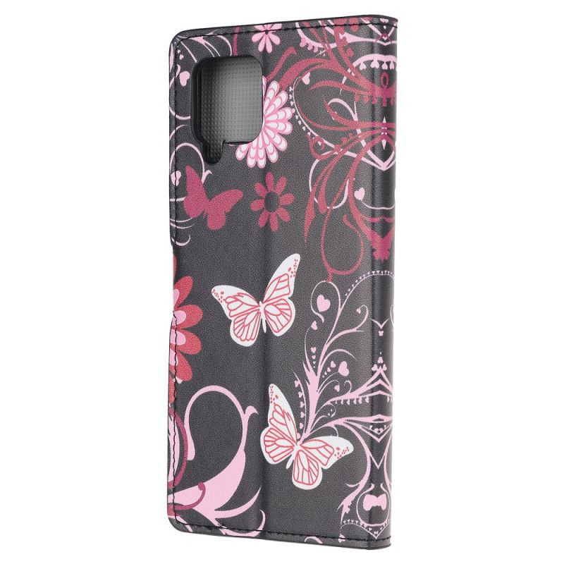 Flip Cover Læder Samsung Galaxy A12 Sort Sommerfugle Og Blomster