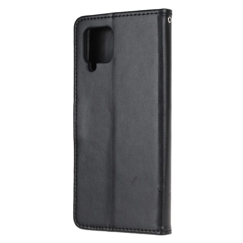 Flip Cover Læder Samsung Galaxy A12 Sort Sommerfugle Og Tanga Blomster Beskyttelse