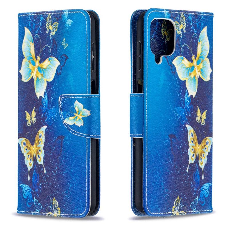 Flip Cover Samsung Galaxy A12 Sort Gyldne Sommerfugle