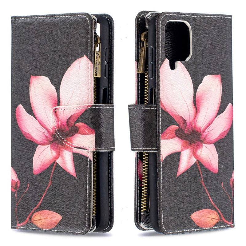 Flip Cover Samsung Galaxy A12 Sort Mobilcover Lomme Med Blomst Lynlås