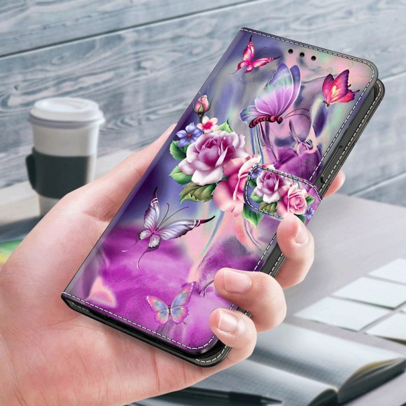 Flip Cover Til Samsung Galaxy A55 5g Lilla Sommerfugle Og Blomster