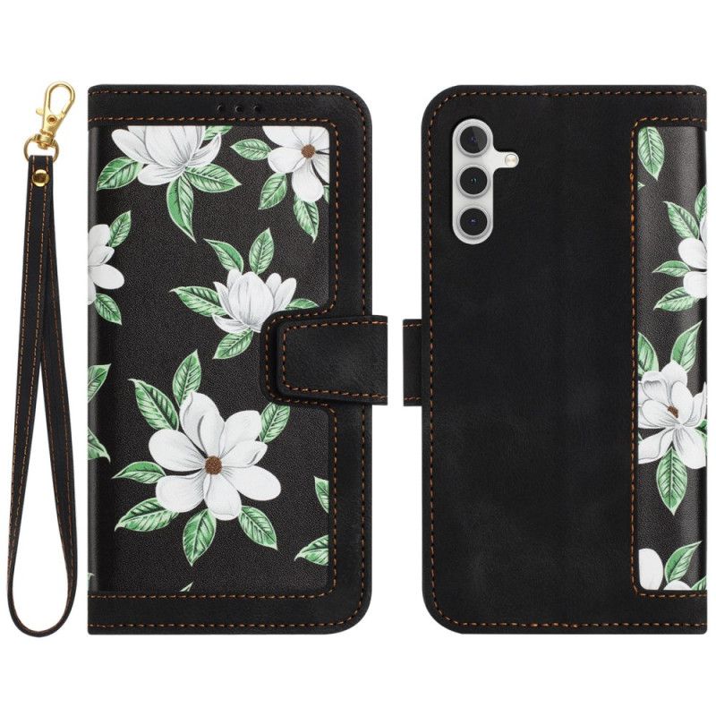 Læder Cover Samsung Galaxy A55 5g Telefon Etui Blomstermønster Med Rem