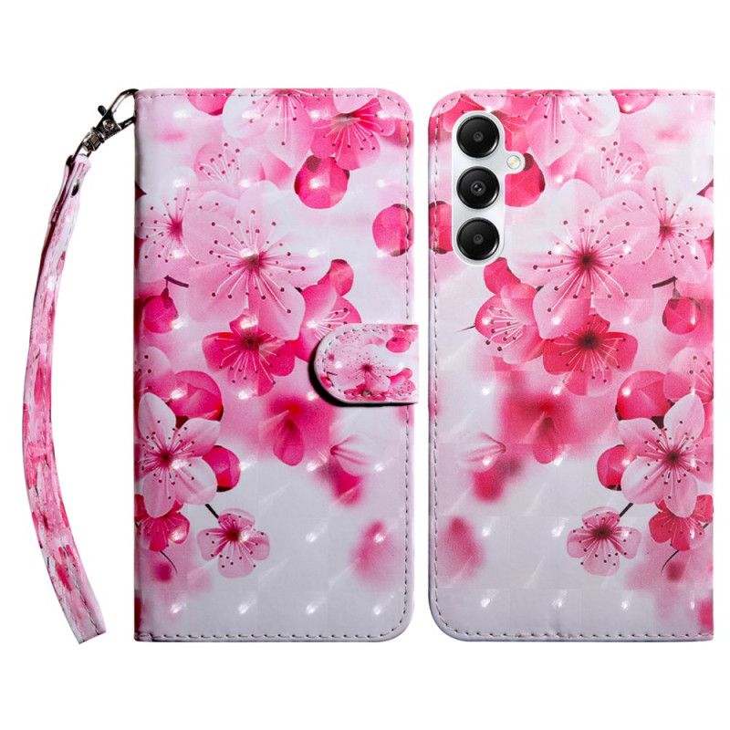 Læder Cover Samsung Galaxy A55 5g Telefon Etui Røde Blomster Med Rem