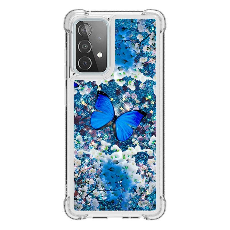 Cover Samsung Galaxy A52 4G / A52 5G Blå Glitter Sommerfugle