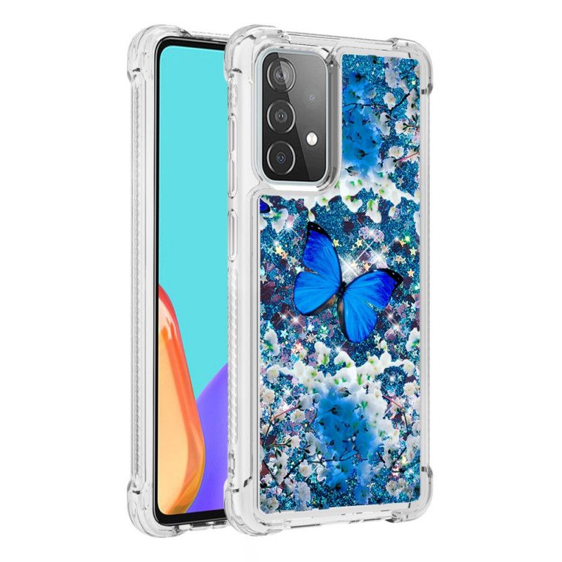 Cover Samsung Galaxy A52 4G / A52 5G Blå Glitter Sommerfugle