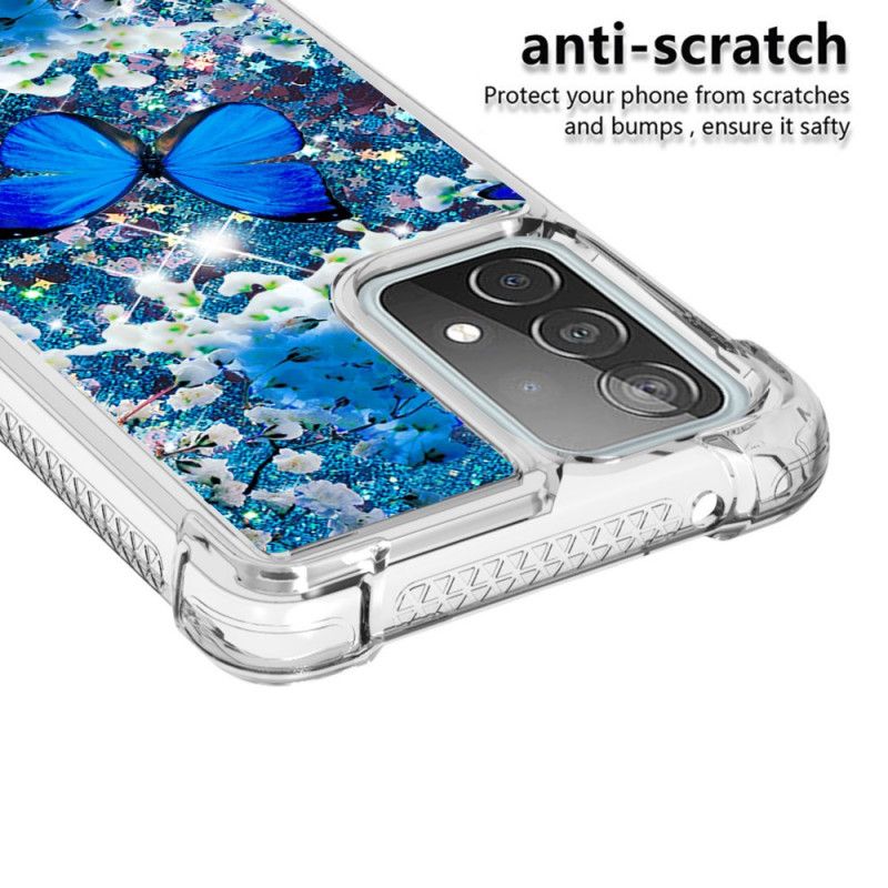 Cover Samsung Galaxy A52 4G / A52 5G Blå Glitter Sommerfugle