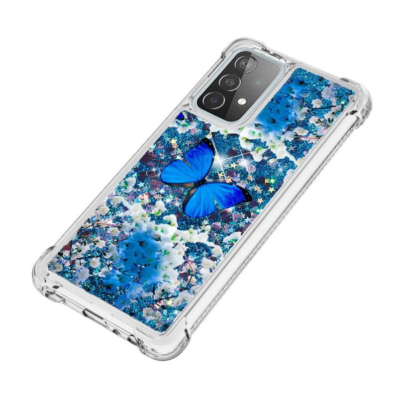 Cover Samsung Galaxy A52 4G / A52 5G Blå Glitter Sommerfugle