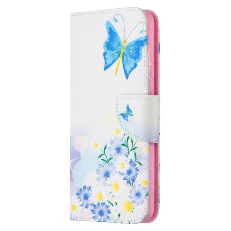 Flip Cover Læder for Samsung Galaxy A52 4G / A52 5G Magenta Malede Sommerfugle Og Blomster