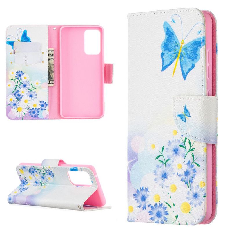 Flip Cover Læder for Samsung Galaxy A52 4G / A52 5G Magenta Malede Sommerfugle Og Blomster