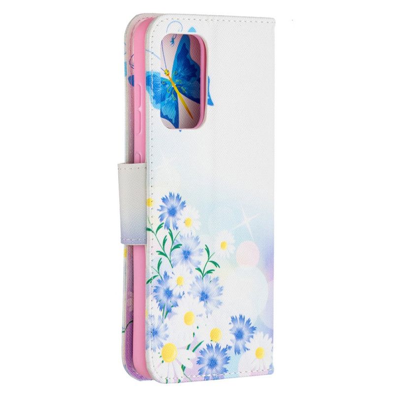 Flip Cover Læder for Samsung Galaxy A52 4G / A52 5G Magenta Malede Sommerfugle Og Blomster