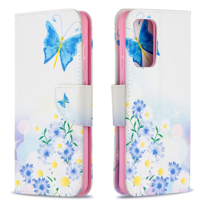 Flip Cover Læder for Samsung Galaxy A52 4G / A52 5G Magenta Malede Sommerfugle Og Blomster