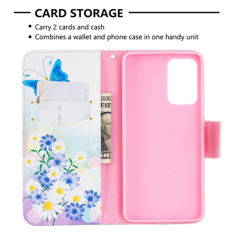 Flip Cover Læder for Samsung Galaxy A52 4G / A52 5G Magenta Malede Sommerfugle Og Blomster