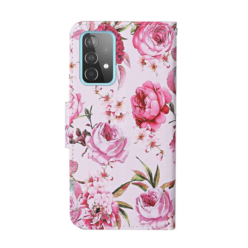 Flip Cover Læder for Samsung Galaxy A52 4G / A52 5G Mesterlige Blomster Med Rem