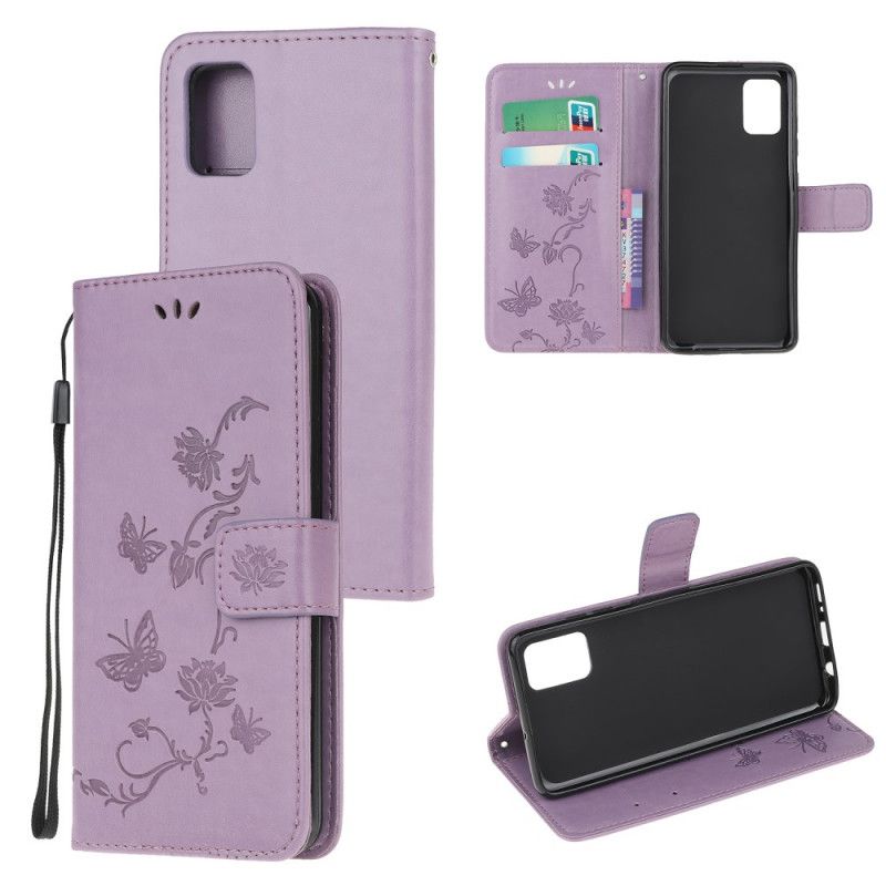 Flip Cover Læder for Samsung Galaxy A52 4G / A52 5G Sort Sommerfugle Og Tanga Blomster