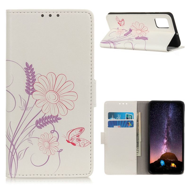 Flip Cover Læder for Samsung Galaxy A52 4G / A52 5G Tegning Af Sommerfugle Og Blomster