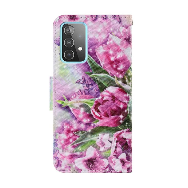 Flip Cover Læder Samsung Galaxy A52 4G / A52 5G Sommerfugle Og Tulipaner