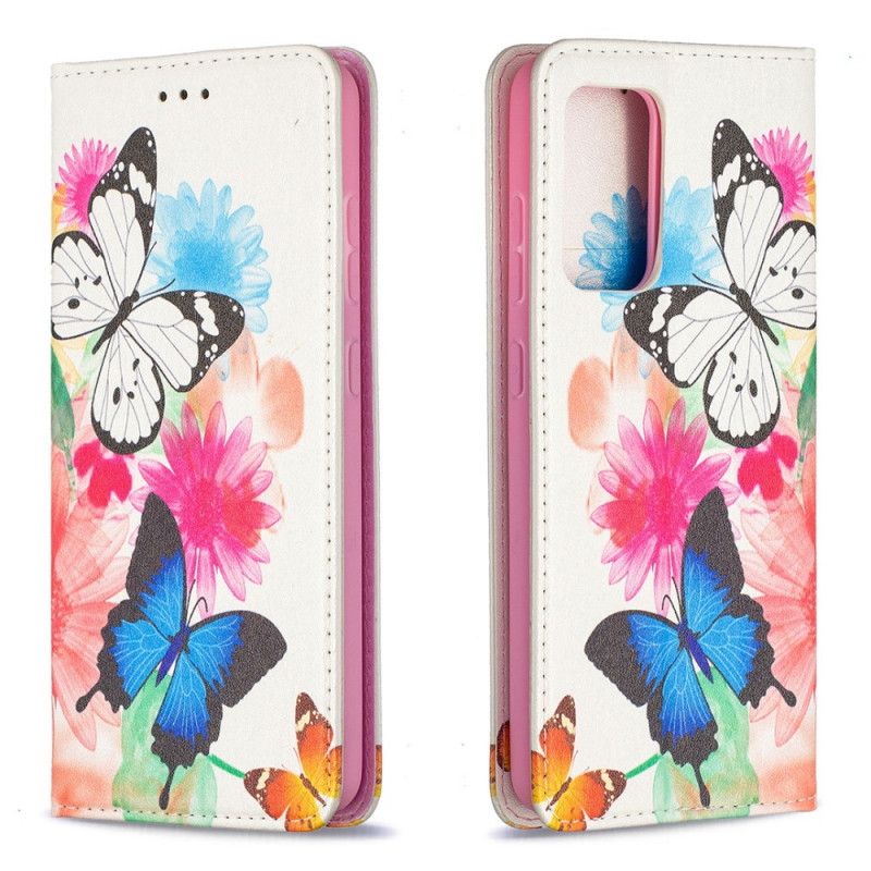 Læder Cover Samsung Galaxy A52 4G / A52 5G Hvid Farverige Sommerfugle