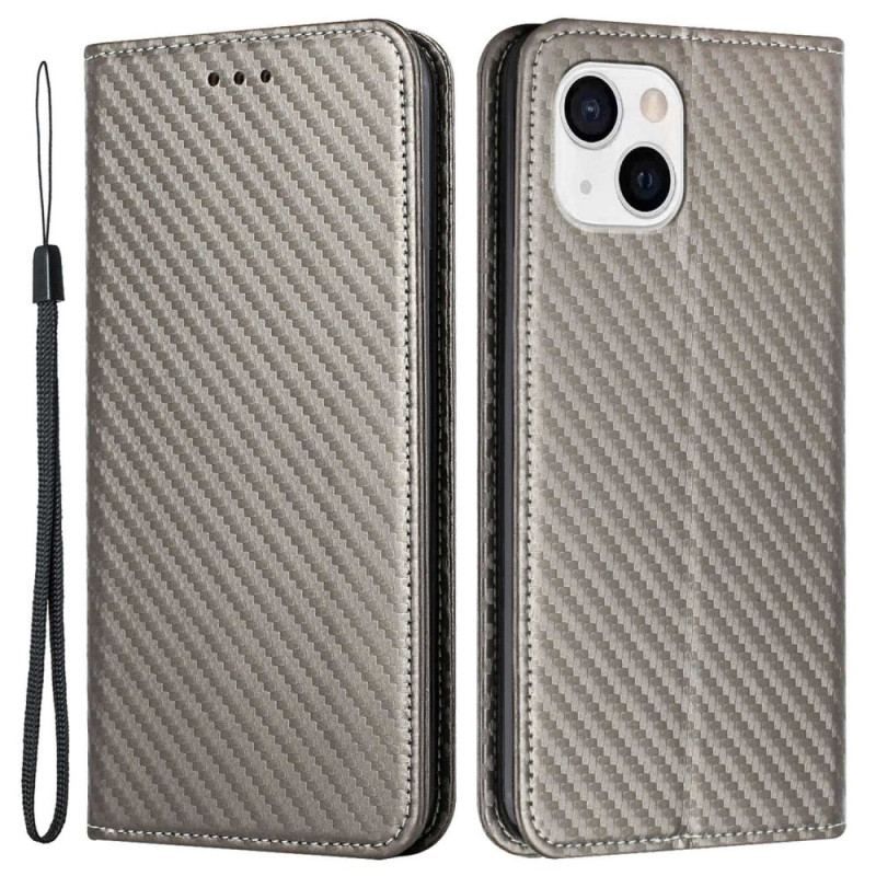 Cover iPhone 14 Med Snor Flip Cover Strappy Carbon Fiber Style