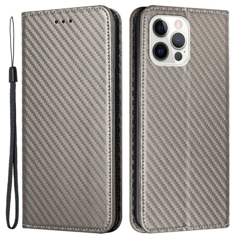 Cover iPhone 14 Pro Med Snor Flip Cover Strappy Carbon Fiber Style