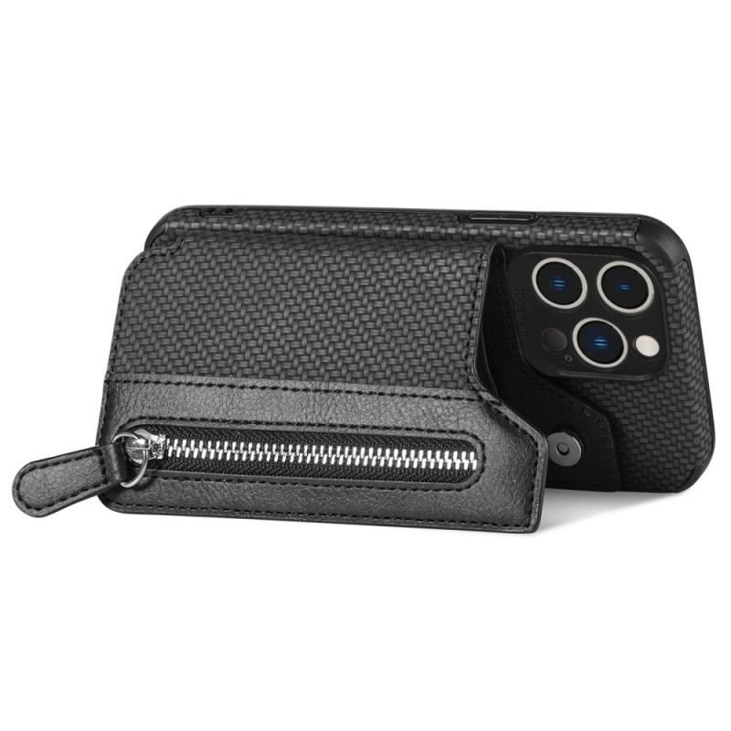 Cover iPhone 14 Pro Punge Etui Carbon Fiber Tegnebog Og Stativ