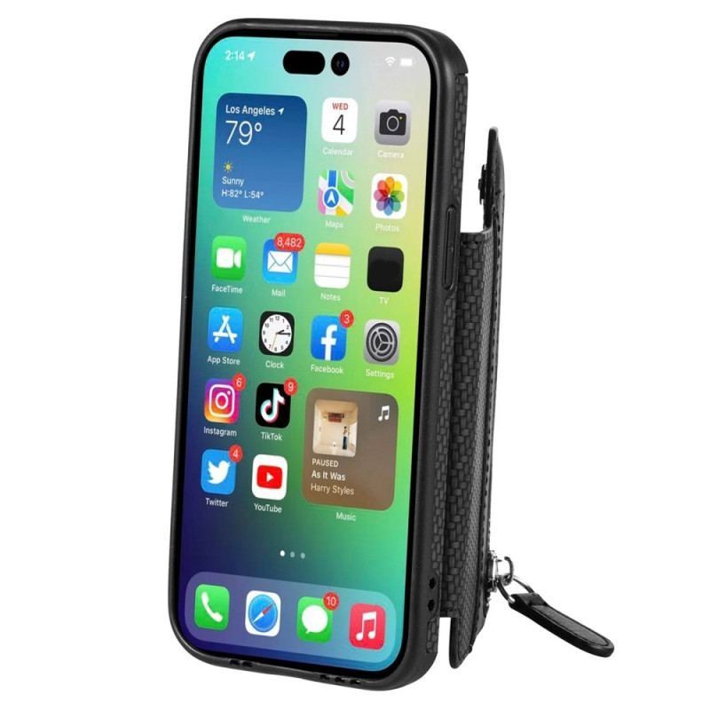 Cover iPhone 14 Pro Punge Etui Carbon Fiber Tegnebog Og Stativ