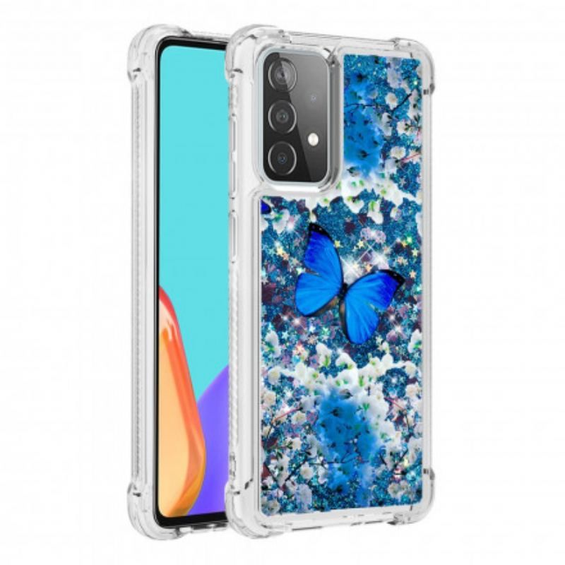 Cover Samsung Galaxy A52 4G / A52 5G / A52s 5G Glitter Blå Sommerfugle