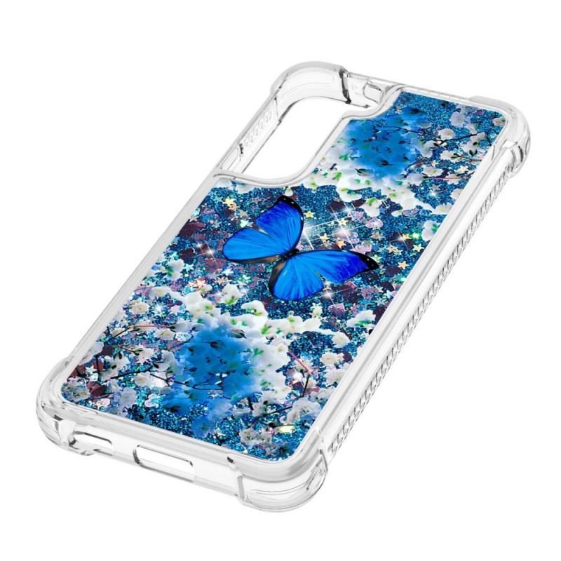 Cover Samsung Galaxy S22 5G Glitter Blå Sommerfugle