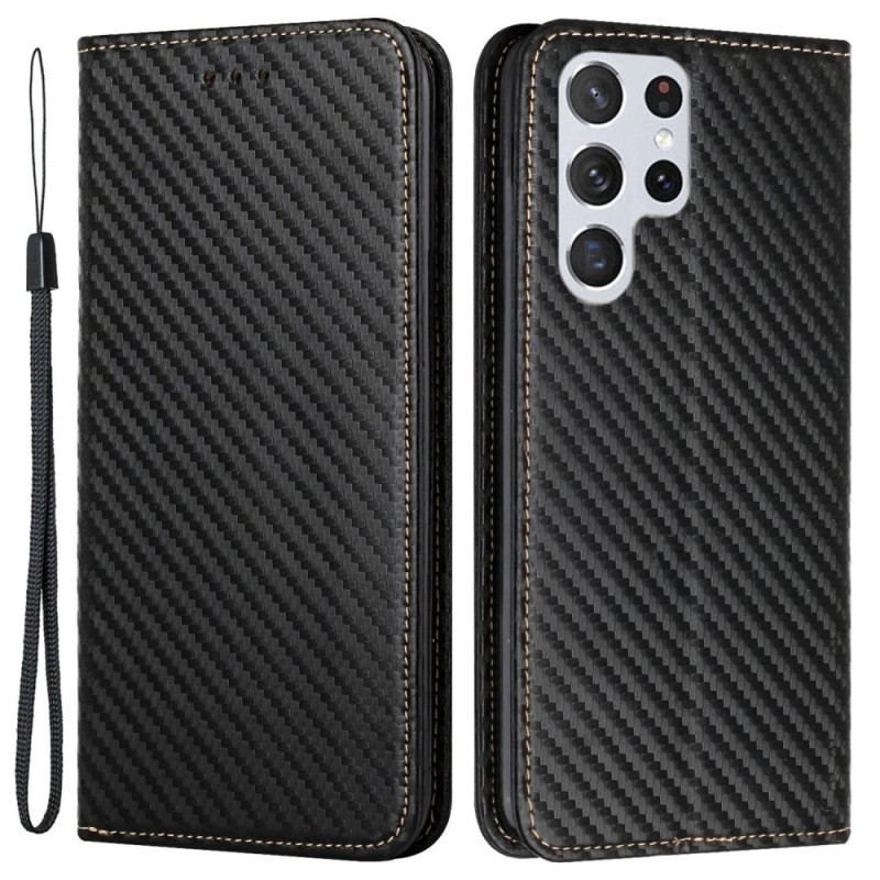 Cover Samsung Galaxy S23 Ultra 5G Med Snor Flip Cover Strappy Carbon Fiber Style