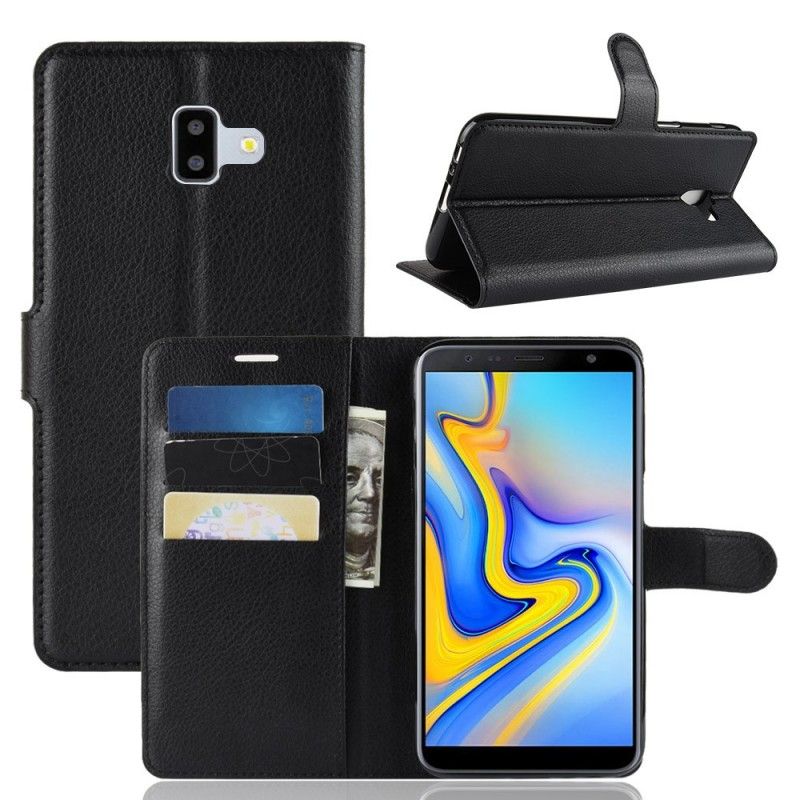 Flip Cover Læder for Samsung Galaxy J6 Plus Sort Lychee Imiteret Læder